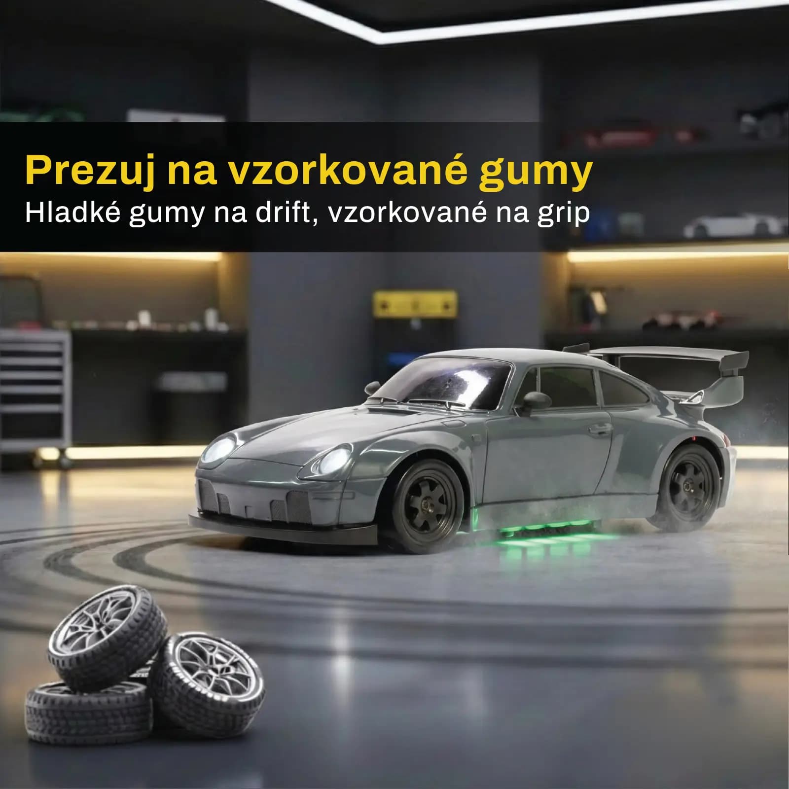 Four treaded spare wheels lying next to the car, the set you swap on for grip instead of the slick drift tyres